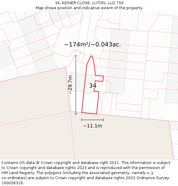 34, KIDNER CLOSE, LUTON, LU2 7SX: Plot and title map