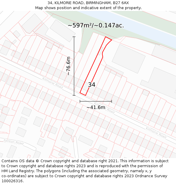 34, KILMORIE ROAD, BIRMINGHAM, B27 6AX: Plot and title map