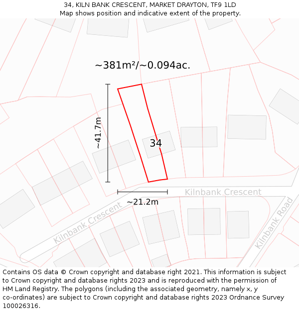 34, KILN BANK CRESCENT, MARKET DRAYTON, TF9 1LD: Plot and title map