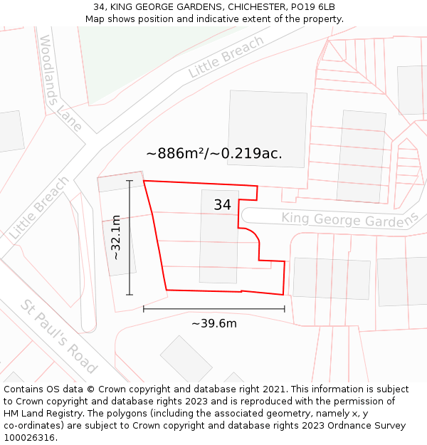 34, KING GEORGE GARDENS, CHICHESTER, PO19 6LB: Plot and title map