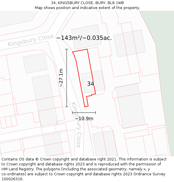 34, KINGSBURY CLOSE, BURY, BL8 1WB: Plot and title map