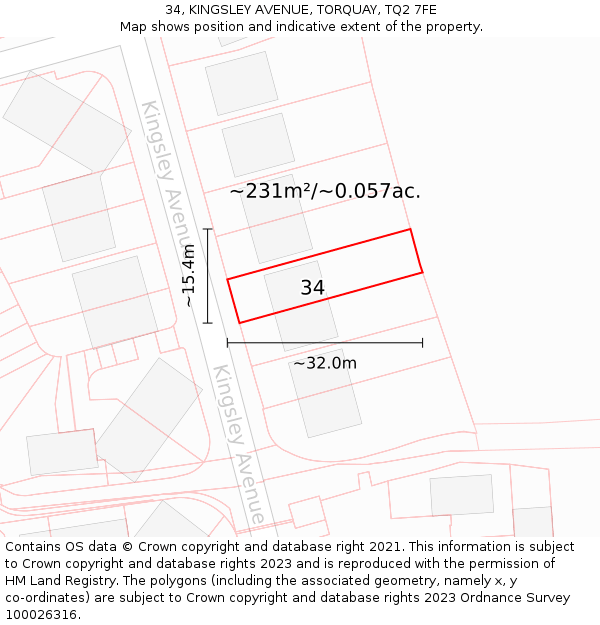 34, KINGSLEY AVENUE, TORQUAY, TQ2 7FE: Plot and title map