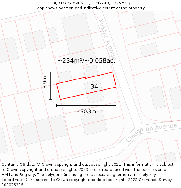 34, KIRKBY AVENUE, LEYLAND, PR25 5SQ: Plot and title map