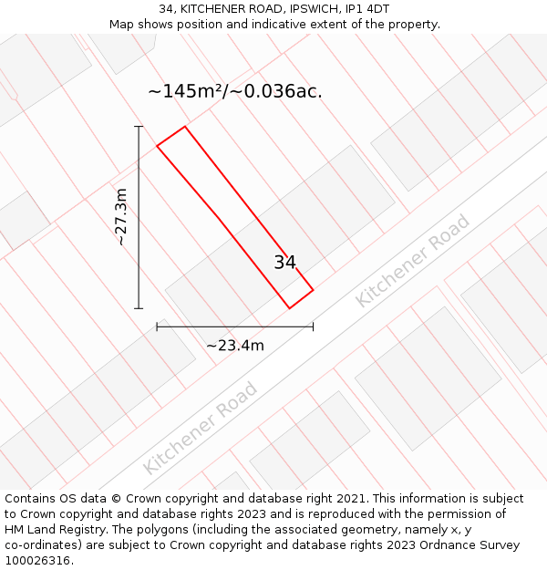 34, KITCHENER ROAD, IPSWICH, IP1 4DT: Plot and title map