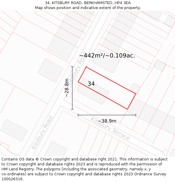 34, KITSBURY ROAD, BERKHAMSTED, HP4 3EA: Plot and title map