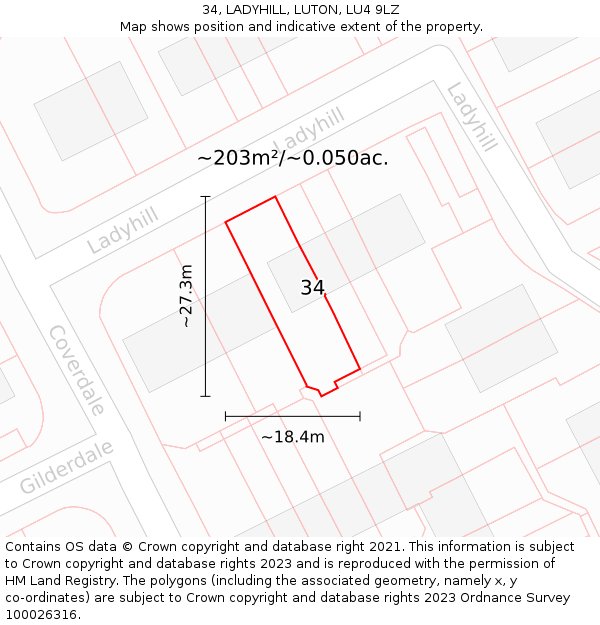 34, LADYHILL, LUTON, LU4 9LZ: Plot and title map