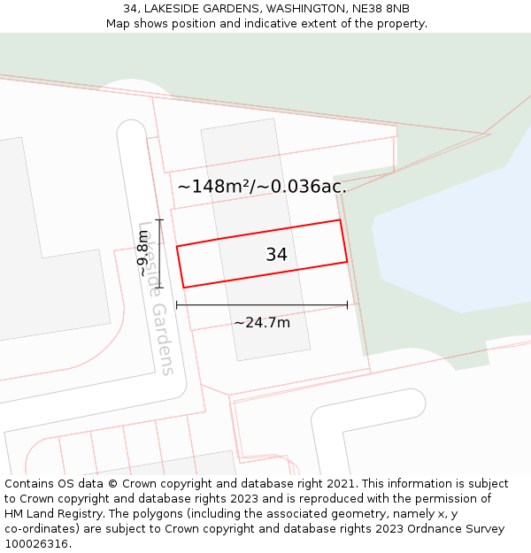 34, LAKESIDE GARDENS, WASHINGTON, NE38 8NB: Plot and title map