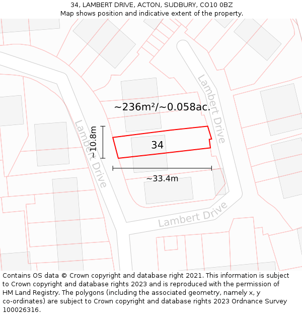 34, LAMBERT DRIVE, ACTON, SUDBURY, CO10 0BZ: Plot and title map