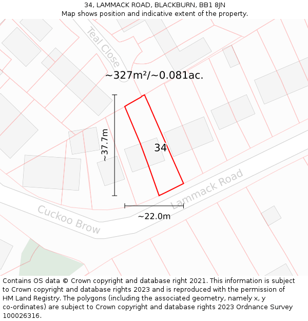 34, LAMMACK ROAD, BLACKBURN, BB1 8JN: Plot and title map