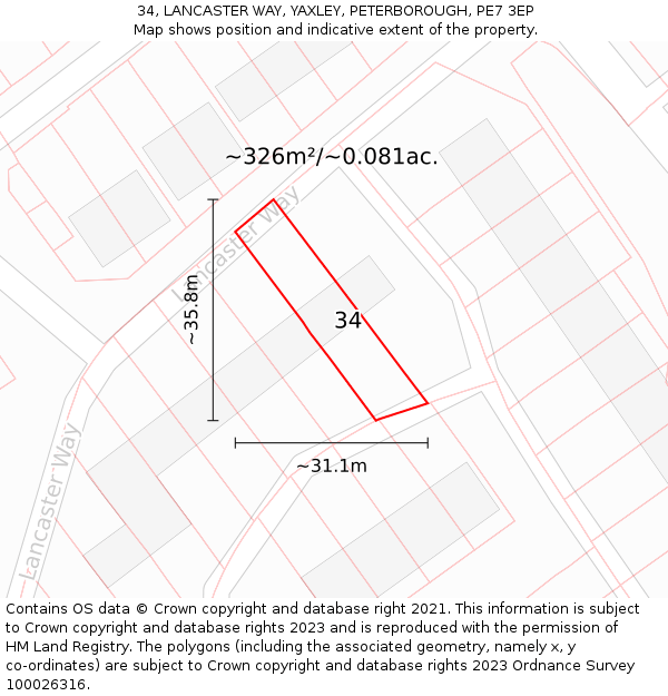 34, LANCASTER WAY, YAXLEY, PETERBOROUGH, PE7 3EP: Plot and title map