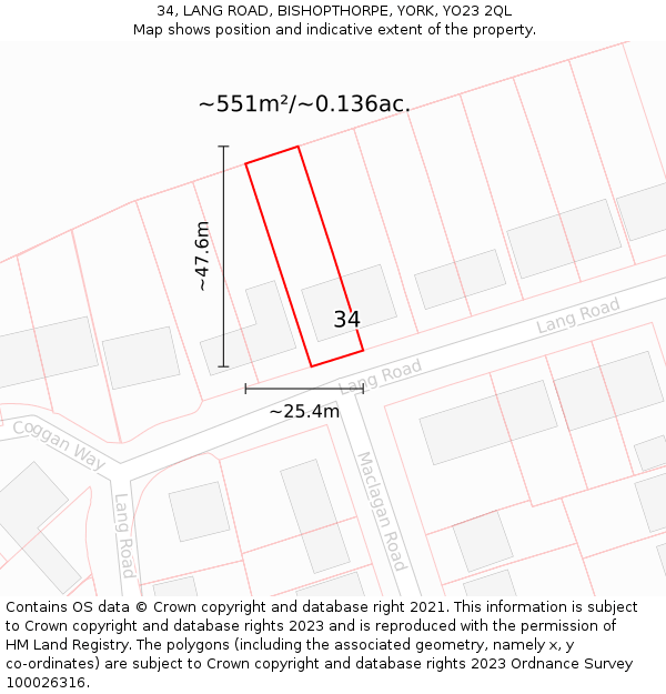 34, LANG ROAD, BISHOPTHORPE, YORK, YO23 2QL: Plot and title map