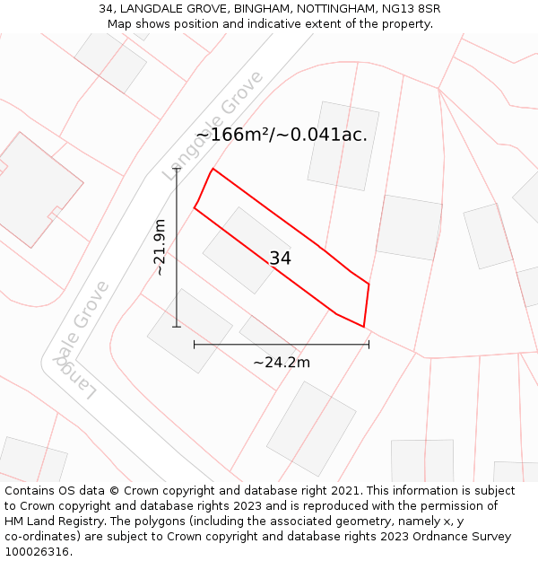 34, LANGDALE GROVE, BINGHAM, NOTTINGHAM, NG13 8SR: Plot and title map