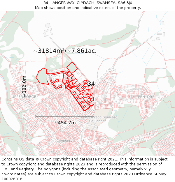 34, LANGER WAY, CLYDACH, SWANSEA, SA6 5JX: Plot and title map