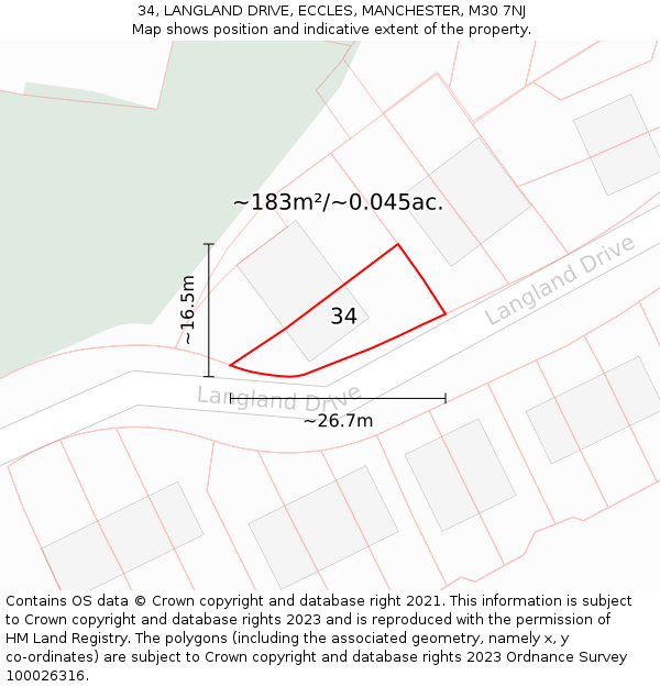 34, LANGLAND DRIVE, ECCLES, MANCHESTER, M30 7NJ: Plot and title map