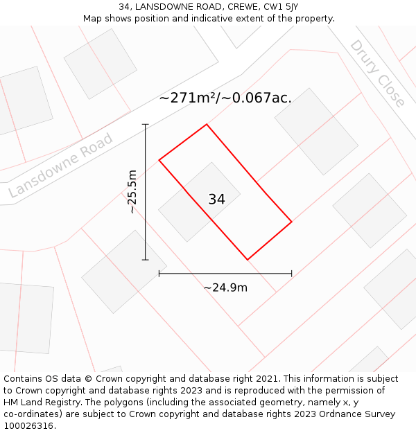 34, LANSDOWNE ROAD, CREWE, CW1 5JY: Plot and title map