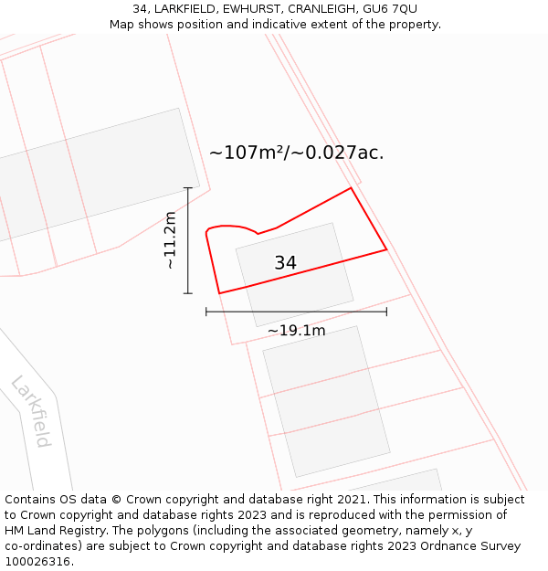 34, LARKFIELD, EWHURST, CRANLEIGH, GU6 7QU: Plot and title map