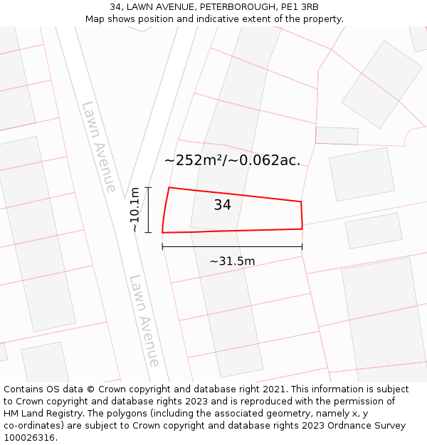 34, LAWN AVENUE, PETERBOROUGH, PE1 3RB: Plot and title map