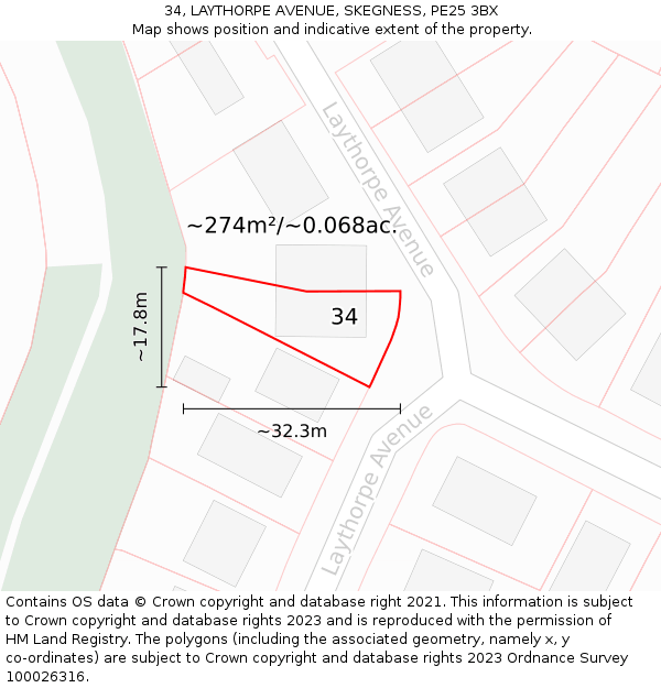 34, LAYTHORPE AVENUE, SKEGNESS, PE25 3BX: Plot and title map