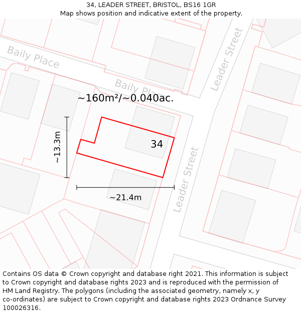 34, LEADER STREET, BRISTOL, BS16 1GR: Plot and title map