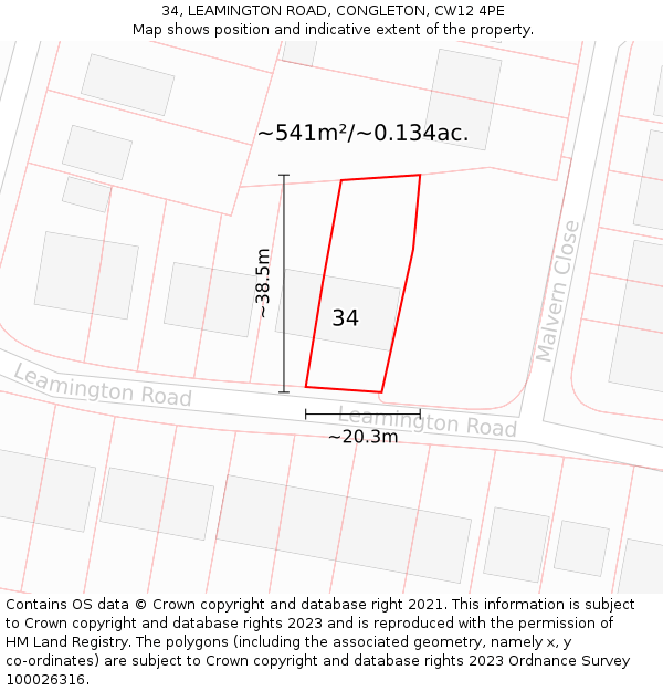 34, LEAMINGTON ROAD, CONGLETON, CW12 4PE: Plot and title map