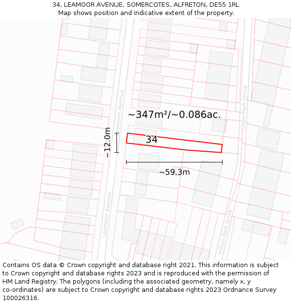 34, LEAMOOR AVENUE, SOMERCOTES, ALFRETON, DE55 1RL: Plot and title map