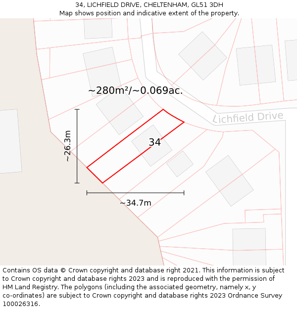 34, LICHFIELD DRIVE, CHELTENHAM, GL51 3DH: Plot and title map