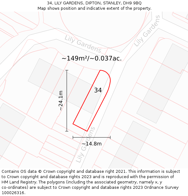 34, LILY GARDENS, DIPTON, STANLEY, DH9 9BQ: Plot and title map