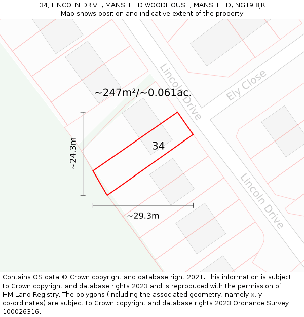 34, LINCOLN DRIVE, MANSFIELD WOODHOUSE, MANSFIELD, NG19 8JR: Plot and title map