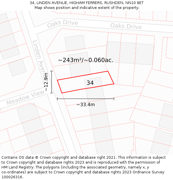 34, LINDEN AVENUE, HIGHAM FERRERS, RUSHDEN, NN10 8ET: Plot and title map