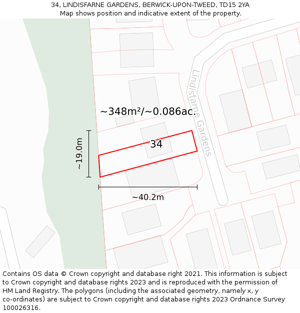 34, LINDISFARNE GARDENS, BERWICK-UPON-TWEED, TD15 2YA: Plot and title map