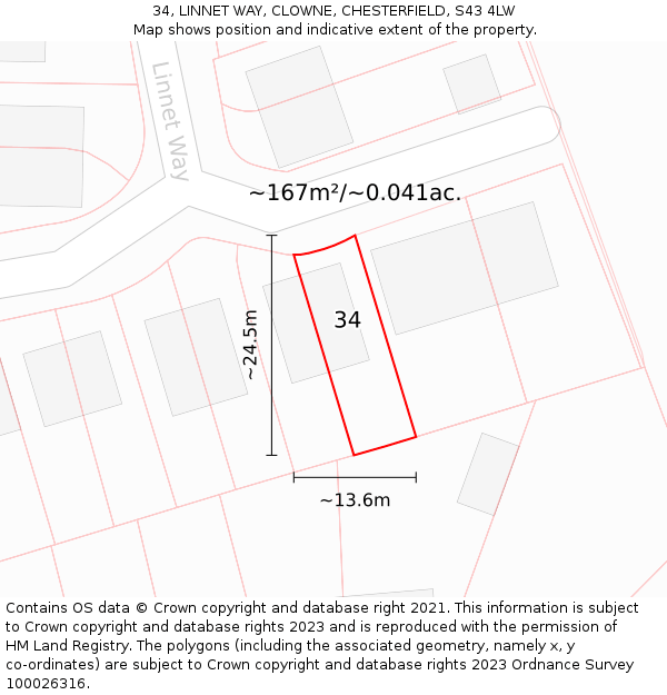 34, LINNET WAY, CLOWNE, CHESTERFIELD, S43 4LW: Plot and title map