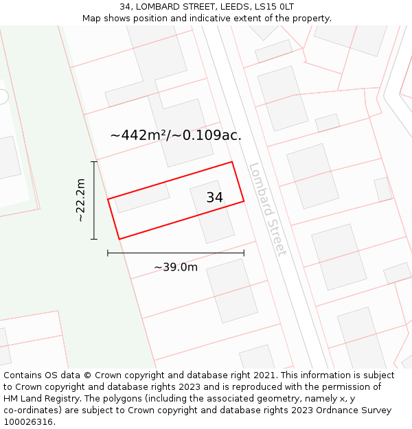 34, LOMBARD STREET, LEEDS, LS15 0LT: Plot and title map