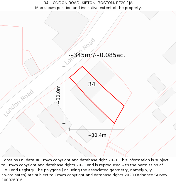 34, LONDON ROAD, KIRTON, BOSTON, PE20 1JA: Plot and title map