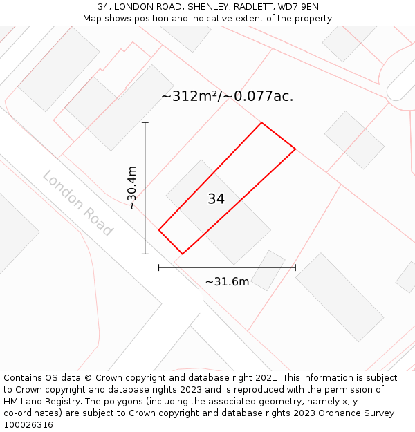 34, LONDON ROAD, SHENLEY, RADLETT, WD7 9EN: Plot and title map