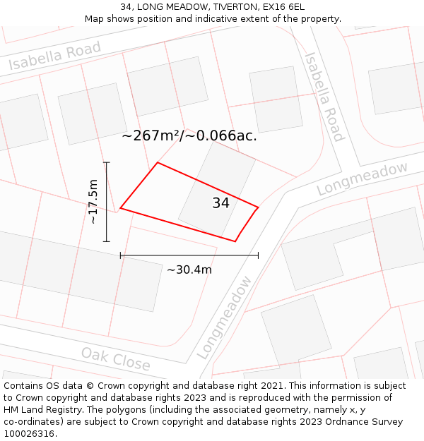 34, LONG MEADOW, TIVERTON, EX16 6EL: Plot and title map