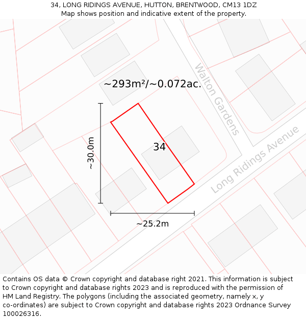 34, LONG RIDINGS AVENUE, HUTTON, BRENTWOOD, CM13 1DZ: Plot and title map