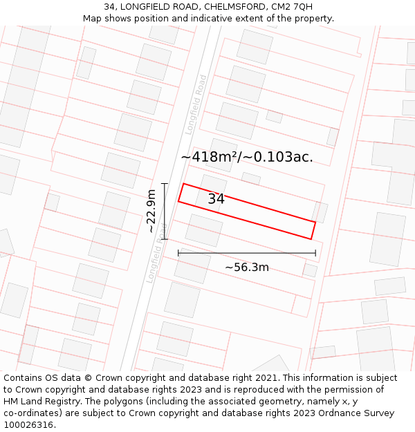 34, LONGFIELD ROAD, CHELMSFORD, CM2 7QH: Plot and title map