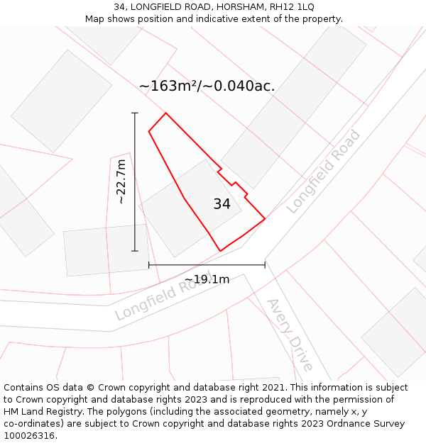 34, LONGFIELD ROAD, HORSHAM, RH12 1LQ: Plot and title map