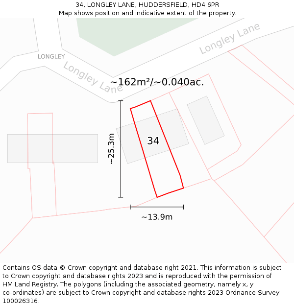 34, LONGLEY LANE, HUDDERSFIELD, HD4 6PR: Plot and title map