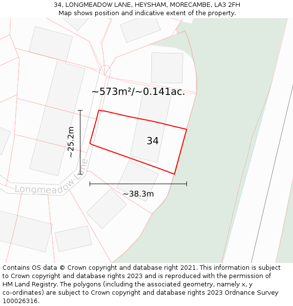 34, LONGMEADOW LANE, HEYSHAM, MORECAMBE, LA3 2FH: Plot and title map