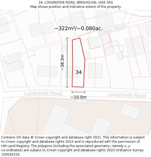 34, LONGROYDE ROAD, BRIGHOUSE, HD6 3AS: Plot and title map