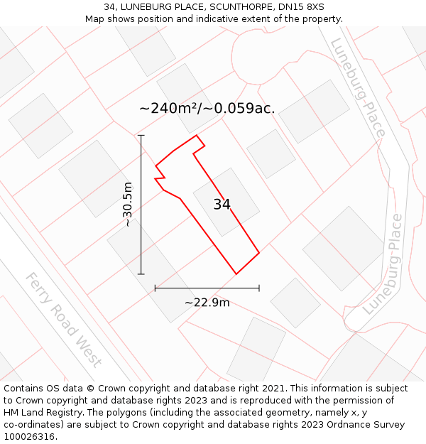 34, LUNEBURG PLACE, SCUNTHORPE, DN15 8XS: Plot and title map
