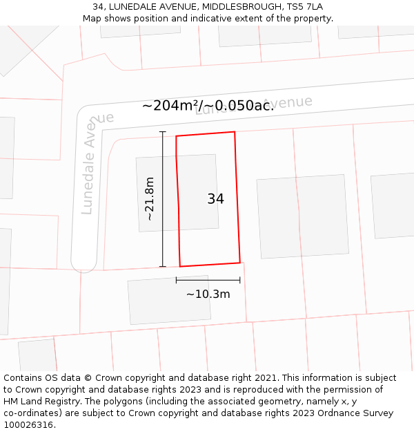 34, LUNEDALE AVENUE, MIDDLESBROUGH, TS5 7LA: Plot and title map