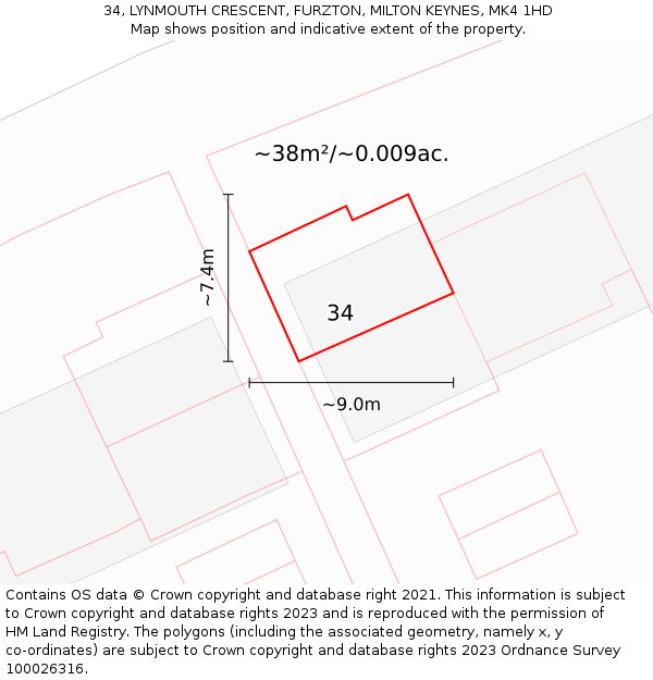 34, LYNMOUTH CRESCENT, FURZTON, MILTON KEYNES, MK4 1HD: Plot and title map