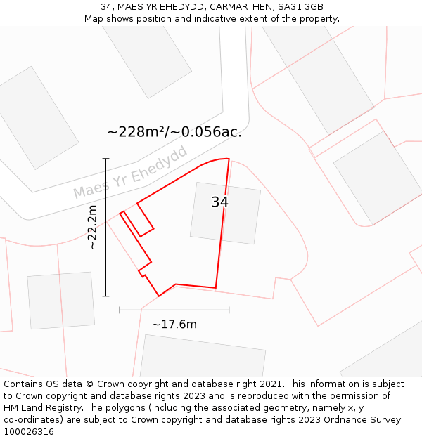 34, MAES YR EHEDYDD, CARMARTHEN, SA31 3GB: Plot and title map