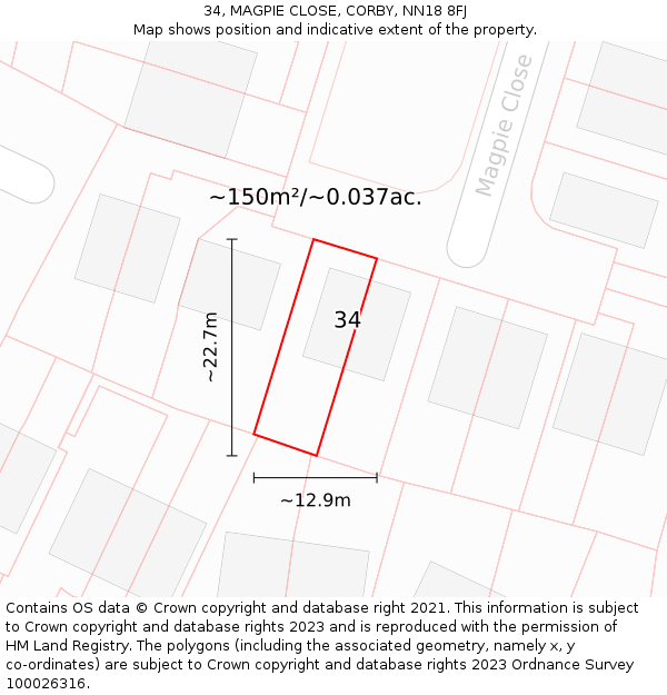 34, MAGPIE CLOSE, CORBY, NN18 8FJ: Plot and title map