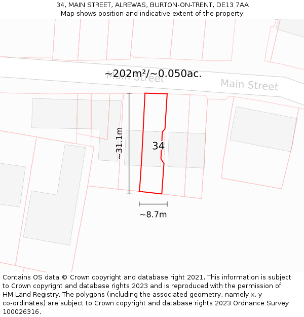 34, MAIN STREET, ALREWAS, BURTON-ON-TRENT, DE13 7AA: Plot and title map