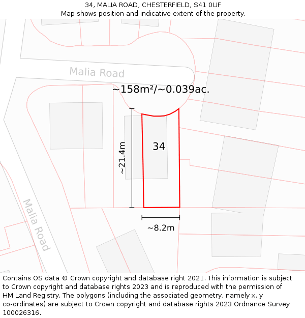 34, MALIA ROAD, CHESTERFIELD, S41 0UF: Plot and title map