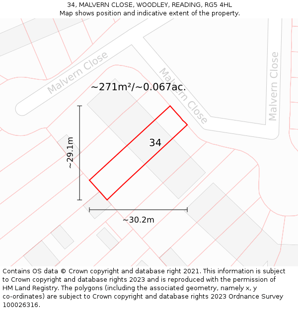 34, MALVERN CLOSE, WOODLEY, READING, RG5 4HL: Plot and title map