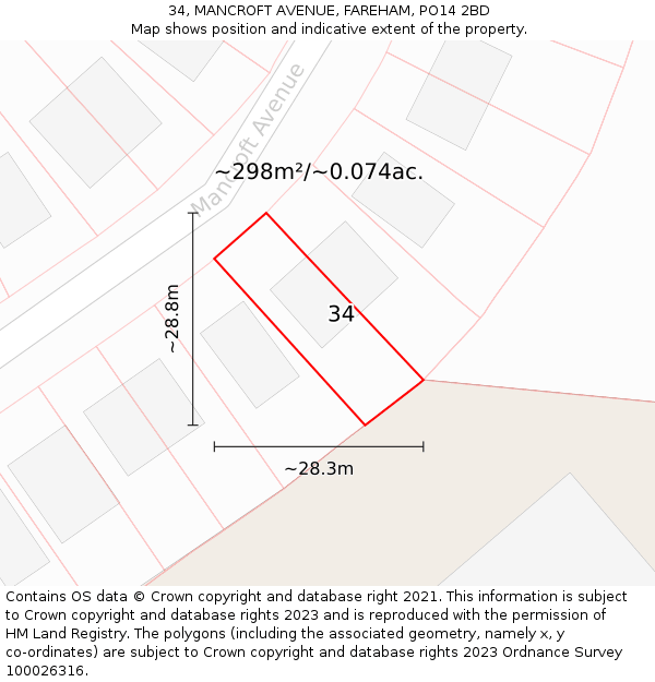 34, MANCROFT AVENUE, FAREHAM, PO14 2BD: Plot and title map